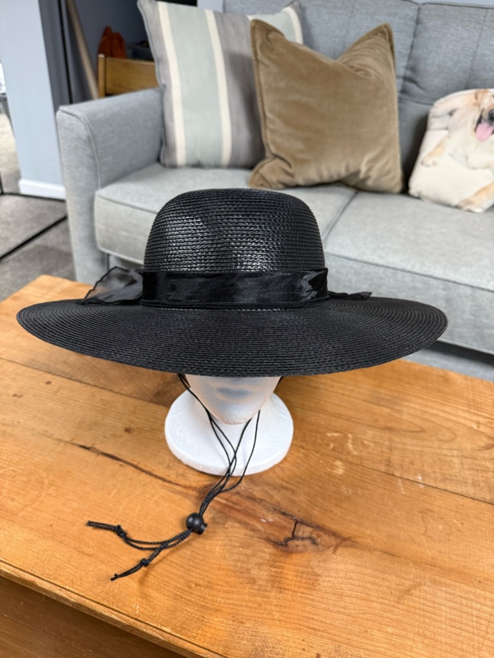 Black Wide-Brim Straw Sun Hat with Ribbon & Chin Cord